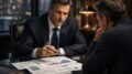 Lawyer in a modern office reviews financial documents with a concerned client during a serious consultation.